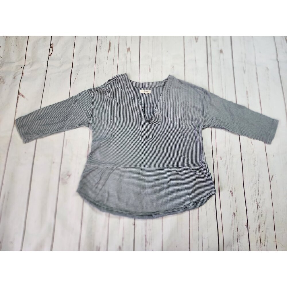 Madewell 100% Cotton Tunic Women's Small Navy Striped V Neck Shirt 3/4‎ Sleeve